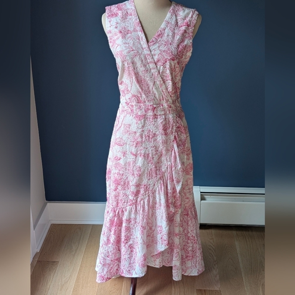 Printed Eyelet Ruffled Faux-Wrap Dress | Charter Club Sz 8 - Picture 2 of 9